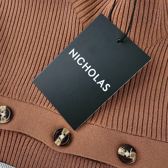 Nicholas Juliet Rib Knit Long Sleeve Cropped Funnel Neck Top in Caramel - Picture 10 of 12